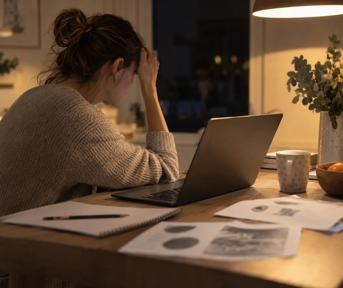 Professora vista de lado, com a mão na testa, cansada à mesa à noite sob a luz de um abajur, com notebook aberto e folhas soltas. Imagem ilustrativa