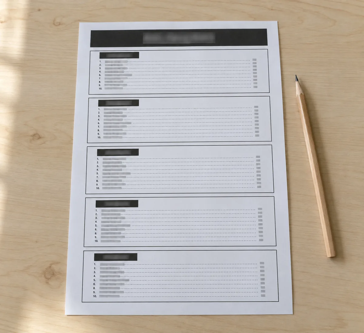 Folha A4 impressa em preto e branco com uma faixa preta de título e cinco blocos, cada um com uma barra de rótulo e uma lista de dez linhas de texto borrado com números de página à direita, e um lápis ao lado. Imagem ilustrativa