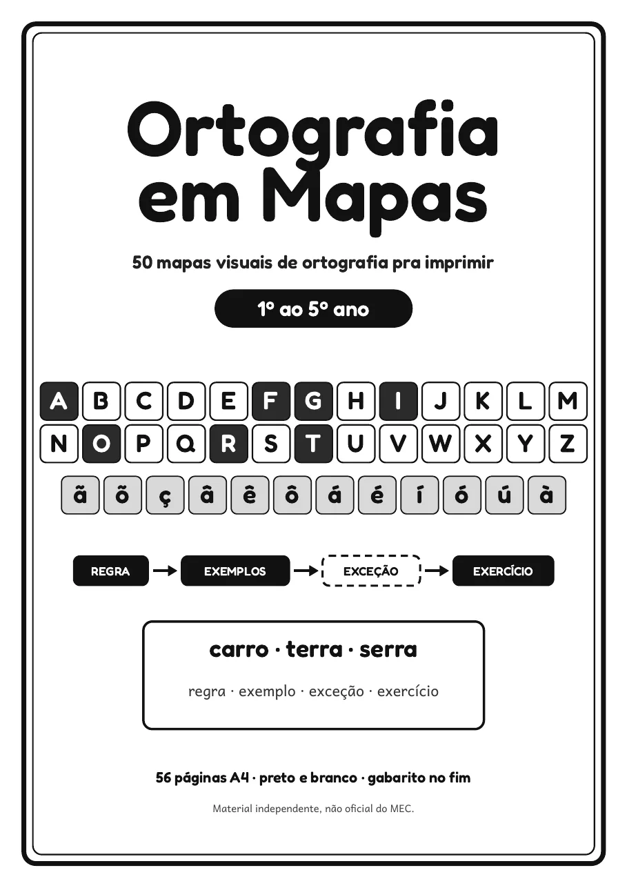 Página real do PDF Ortografia em Mapas: capa, com o nome, a grade de letras e acentos e a ordem regra, exemplos, exceção e exercício
