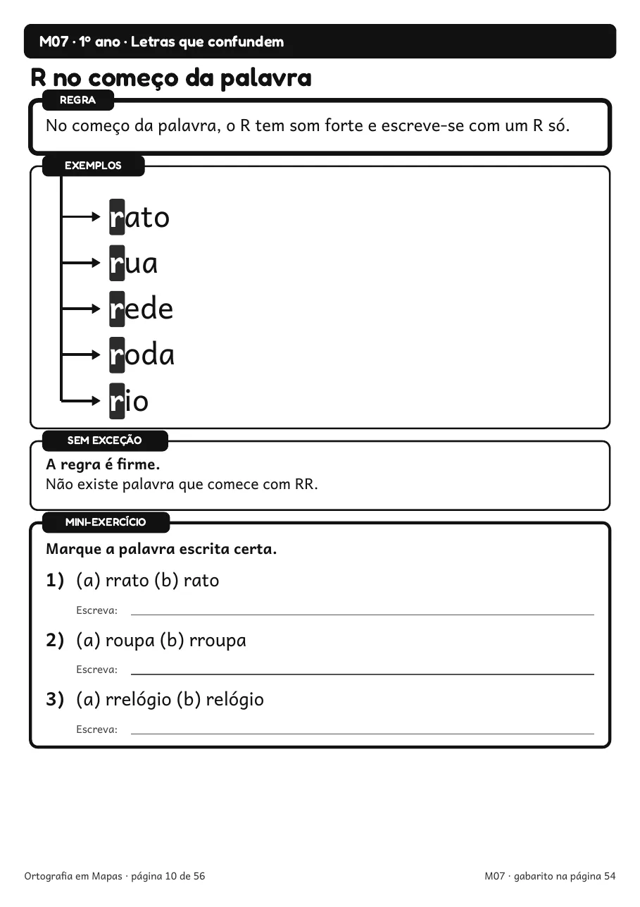 Página real do PDF Ortografia em Mapas: mapa M07 (1º ano), R no começo da palavra, com o mini-exercício de 3 itens no fim da página
