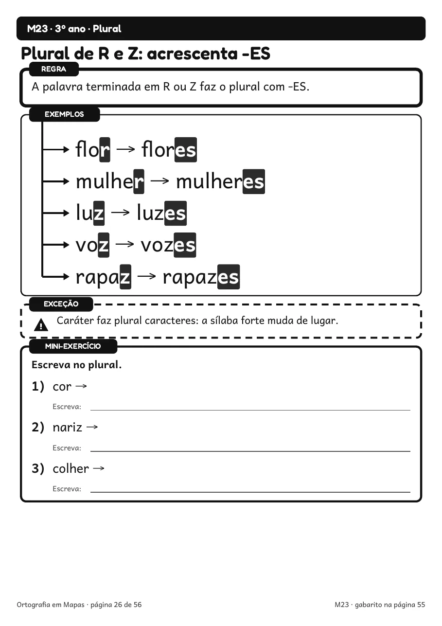 Página real do PDF Ortografia em Mapas: mapa M23 (3º ano), Plural de R e Z: acrescenta -ES, com regra, exemplos, exceção e mini-exercício