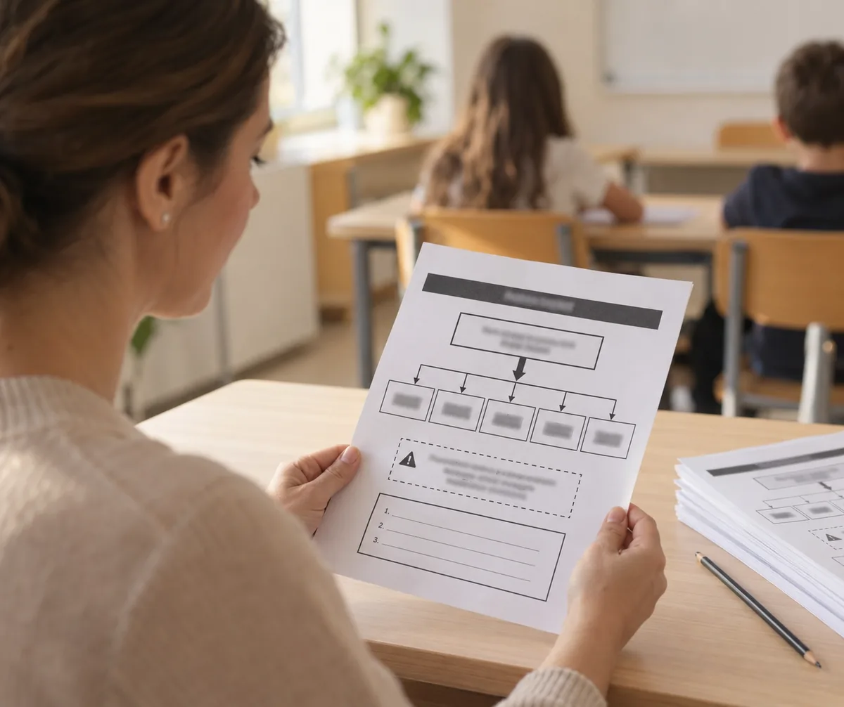 Professora vista de lado, com o rosto desfocado, lendo uma folha A4 impressa em preto e branco com um mapa de caixas e setas, ao lado de uma pilha de folhas iguais numa mesa de sala de aula, com carteiras desfocadas ao fundo. Imagem ilustrativa